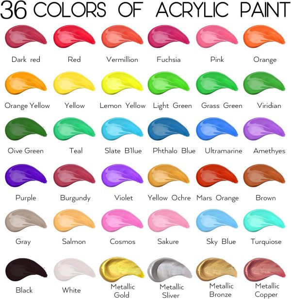 Acrylic Paint Set of 36 Colors 2fl oz 60ml Bottles,Non Toxic 36 Colors Acrylic Paint No Fading Rich Pigment for Kids Adults Artists Canvas Crafts Wood Painting - Image 2
