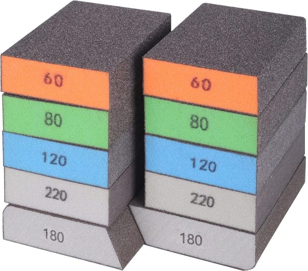 BOSHCRFAT 10 Pack Sanding Block, Washable and Reusable Sanding Sponge for Wood Drywall Metal Glasses Coarse/Medium/Fine/Superfine in 60/80/100/120/180/220 Grit Sandpaper Block Sand Paper Brick