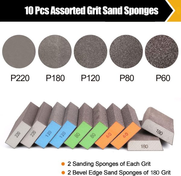 BOSHCRFAT 10 Pack Sanding Block, Washable and Reusable Sanding Sponge for Wood Drywall Metal Glasses Coarse/Medium/Fine/Superfine in 60/80/100/120/180/220 Grit Sandpaper Block Sand Paper Brick - Image 2