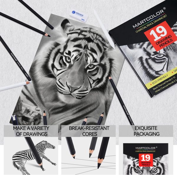 Charcoal Drawing Set, 19 Pieces, Black & White Charcoal Pencils for Drawing, Sketching, Shading, Blending, Artist Pencils for Beginners & Pro Artists - Image 3