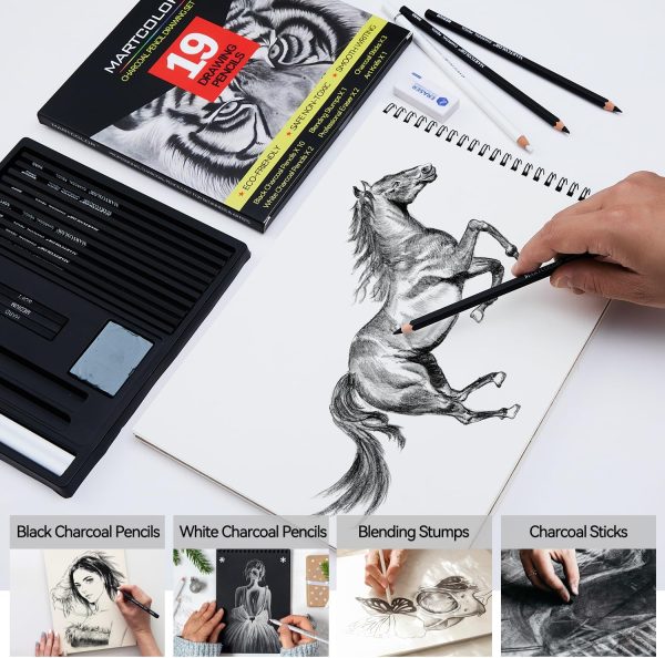 Charcoal Drawing Set, 19 Pieces, Black & White Charcoal Pencils for Drawing, Sketching, Shading, Blending, Artist Pencils for Beginners & Pro Artists - Image 4