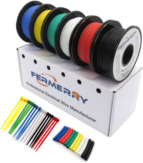 Fermerry 18 AWG Stranded Wire Spool 25ft Each 6 Colors Flexible 18 Gauge Silicone Hook up Wire Kit Electrical Tinned Copper Wire