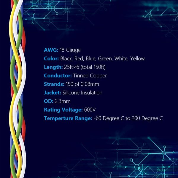 Fermerry 18 AWG Stranded Wire Spool 25ft Each 6 Colors Flexible 18 Gauge Silicone Hook up Wire Kit Electrical Tinned Copper Wire - Image 2
