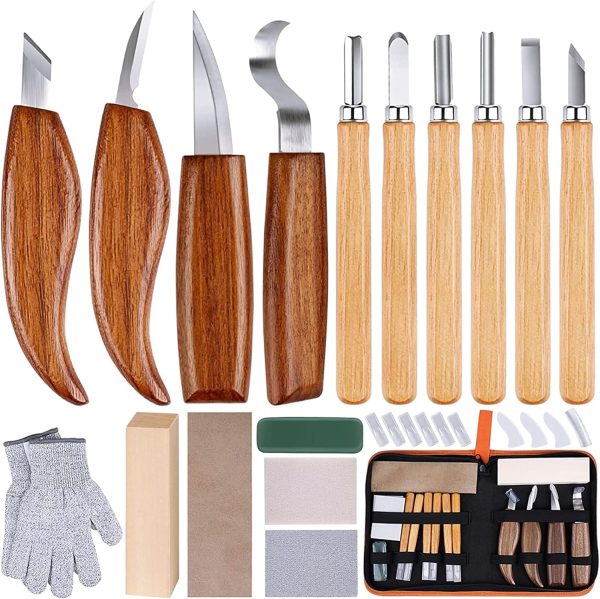 26-in-1 Wood Carving Kit with Detail Wood Carving Knife, Whittling Knife, Wood Chisel Knife, Gloves, Carving Knife Sharpener for Spoon, Bowl, Kuksa Cup (26PCS)