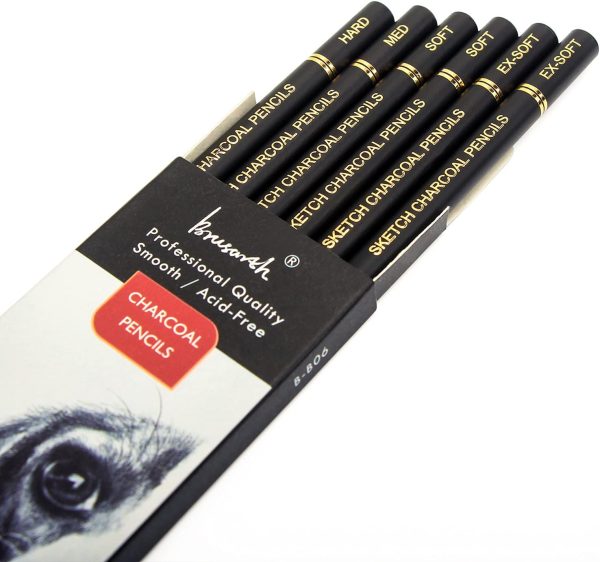 Professional Charcoal Pencils Drawing Set - 6 Pieces Soft Medium and Hard Charcoal Pencils for Drawing, Sketching, Shading - Image 2