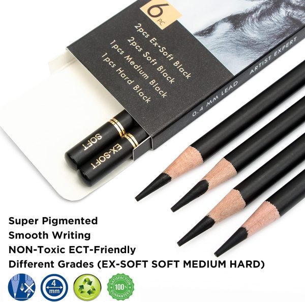 Professional Charcoal Pencils Drawing Set - 6 Pieces Soft Medium and Hard Charcoal Pencils for Drawing, Sketching, Shading - Image 3