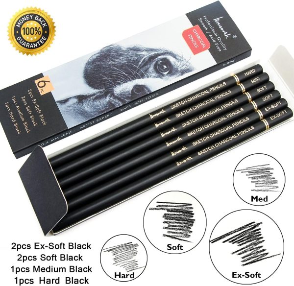 Professional Charcoal Pencils Drawing Set - 6 Pieces Soft Medium and Hard Charcoal Pencils for Drawing, Sketching, Shading - Image 4
