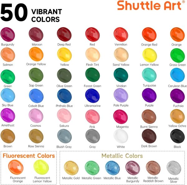 Shuttle Art Acrylic Paint, 50 Colors Acrylic Paint Set, 2oz/60ml Bottles, Rich Pigments, Water Proof, Premium Acrylic Paints for Artists, Beginners and Kids on Canvas Rocks Wood Ceramic Fabric - Image 2