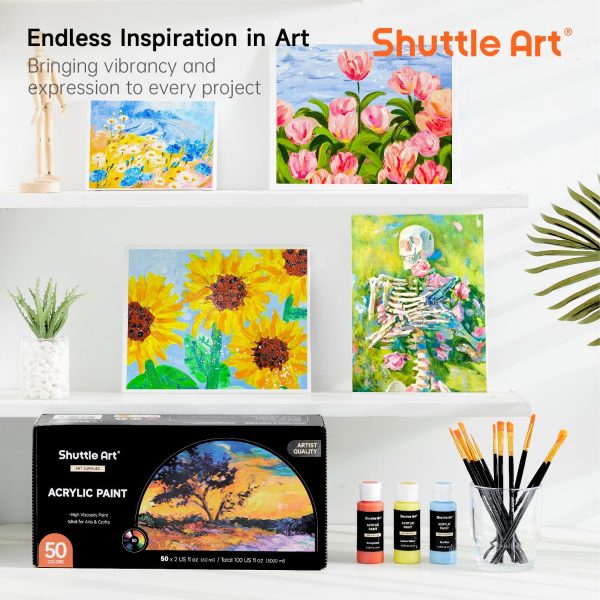 Shuttle Art Acrylic Paint, 50 Colors Acrylic Paint Set, 2oz/60ml Bottles, Rich Pigments, Water Proof, Premium Acrylic Paints for Artists, Beginners and Kids on Canvas Rocks Wood Ceramic Fabric - Image 7