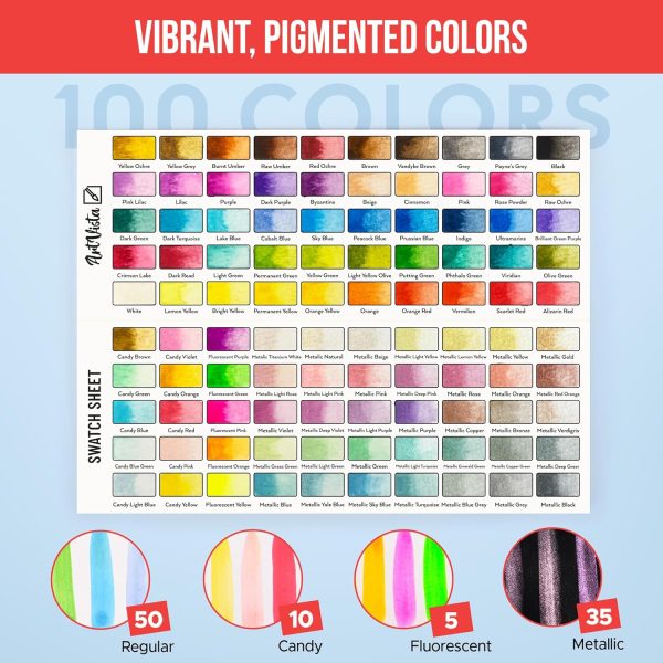 Watercolor Paint Set with 100 Bright Colors: for Adult Beginners & Professional with Metallic - Travel Sized Water Color Art Kit Palette - Image 5
