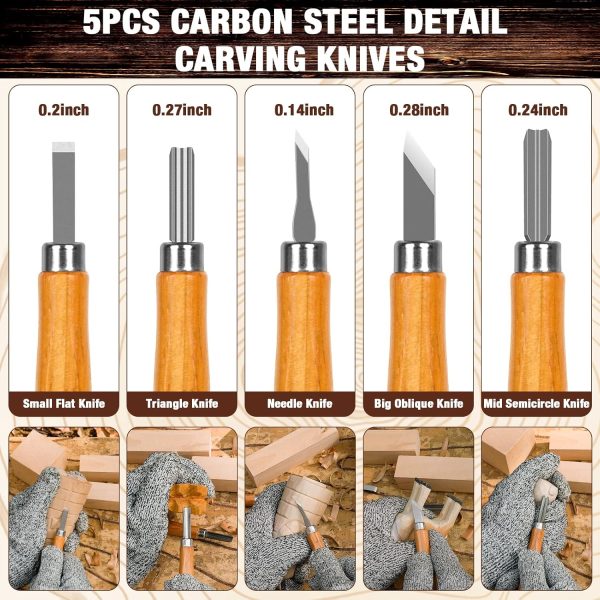 Wood Carving Kit, 23pcs Wood Carving Tool with 4PCS Wood Carving Knives & 5PCS Detail Knives 9 Basswood Blocks & Gloves & Roll Bag & Strop Block & Polishing Compound Whittling Kit Hobbies for Adults - Image 5